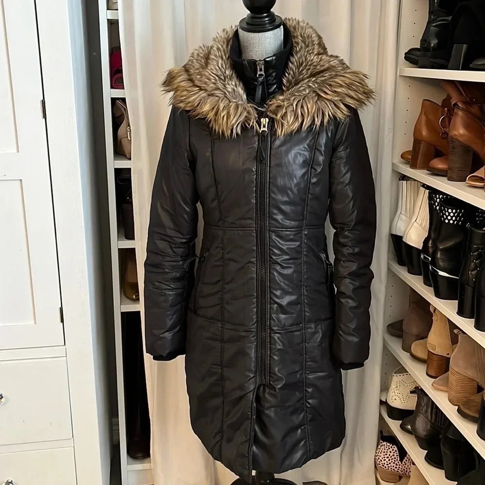 Le Château Black Satin Fitted Winter Puffer Coat with Faux Fur Hood, Size XS/S